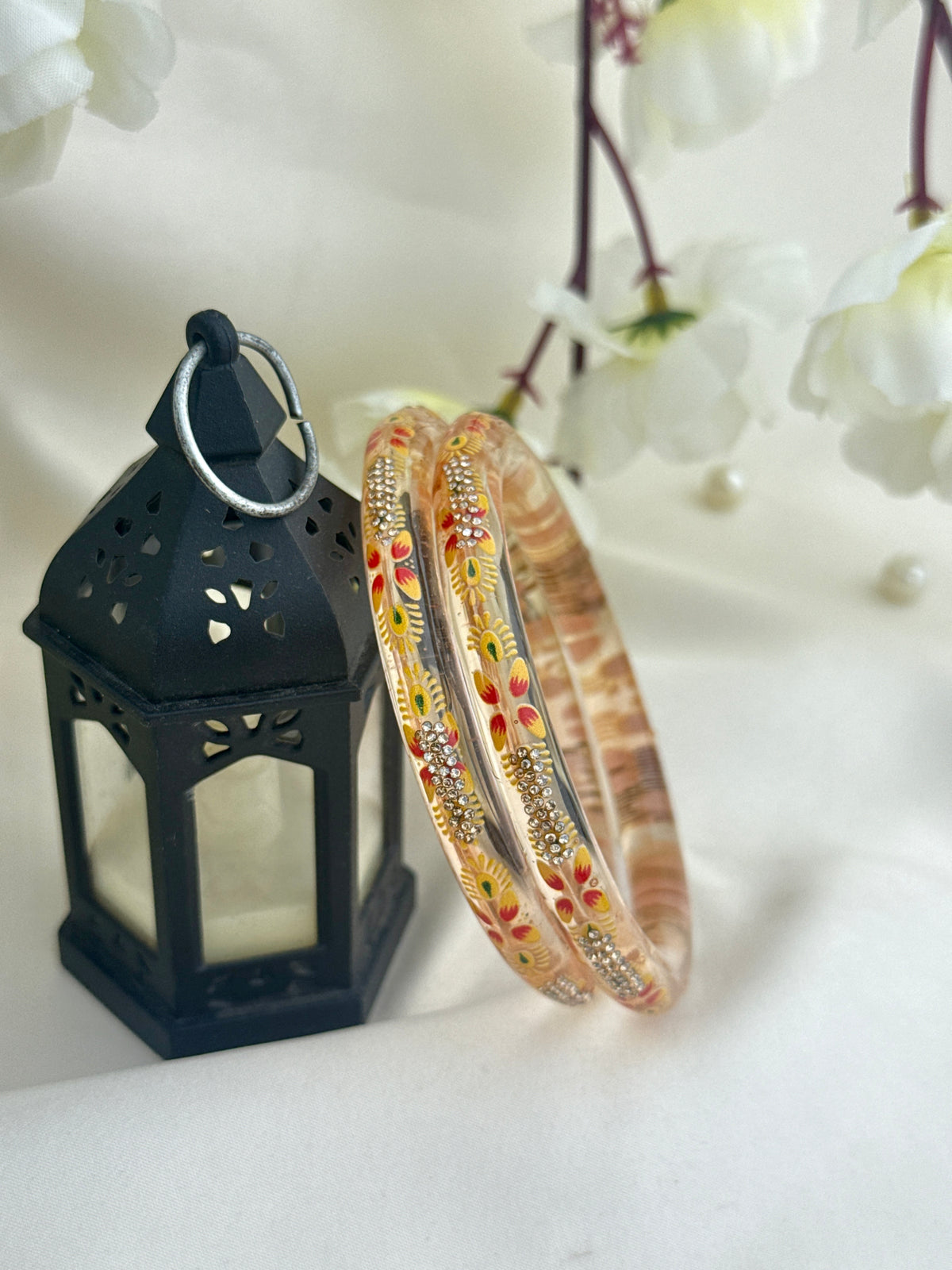 Hand-Painted Floral Glass Bangle with Crystal Stonework | Traditional Rajasthani Bangle