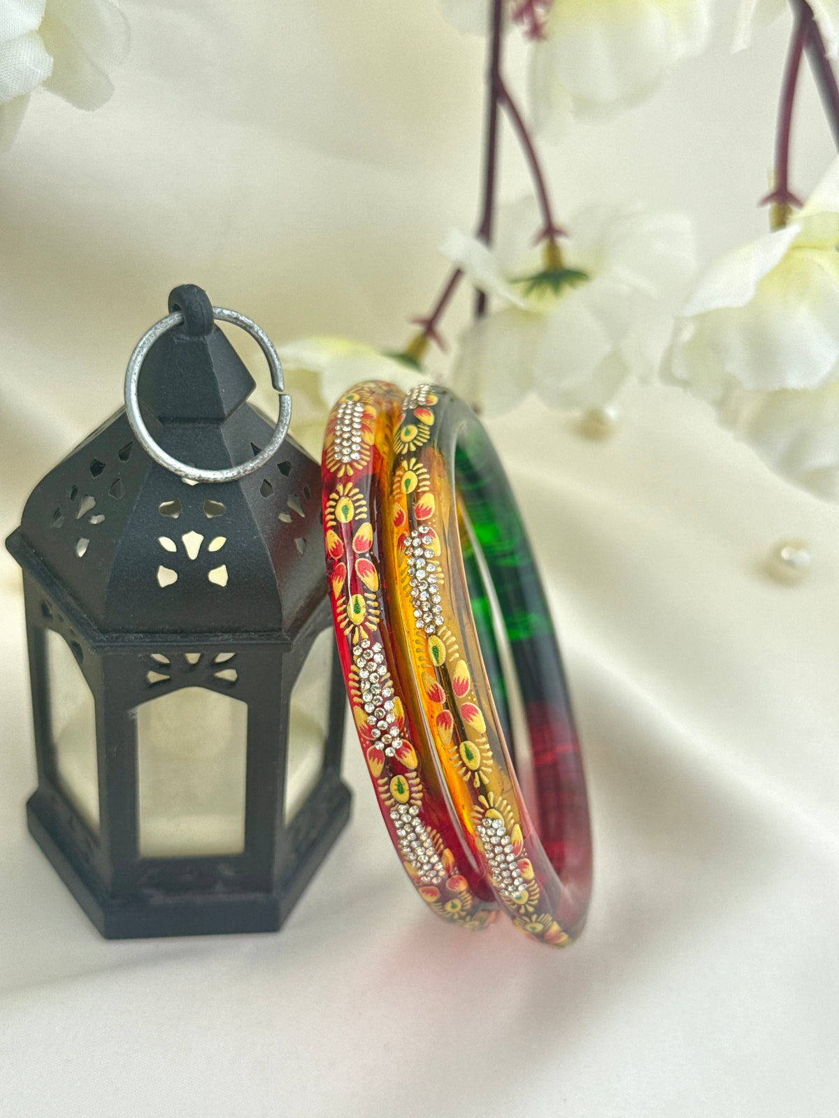 Hand-Painted Floral Glass Bangle with Crystal Stonework | Traditional Rajasthani Bangle
