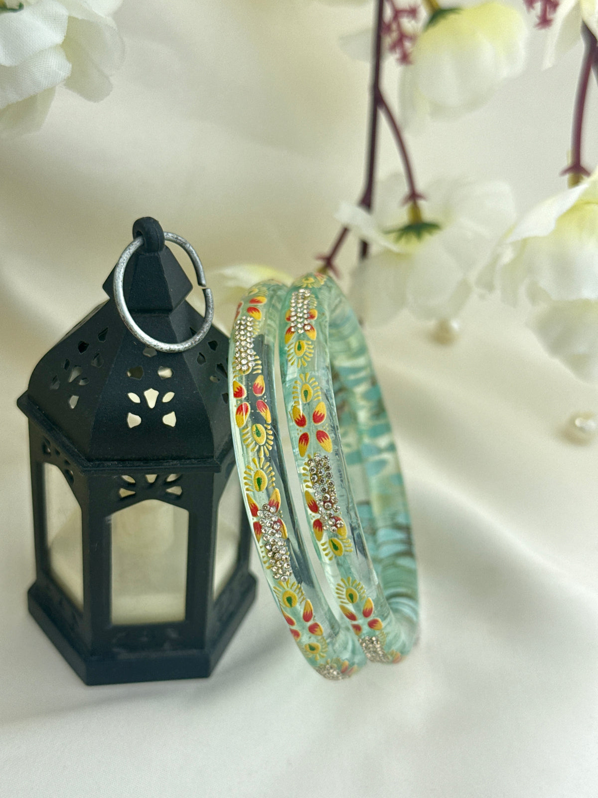 Hand-Painted Floral Glass Bangle with Crystal Stonework | Traditional Rajasthani Bangle