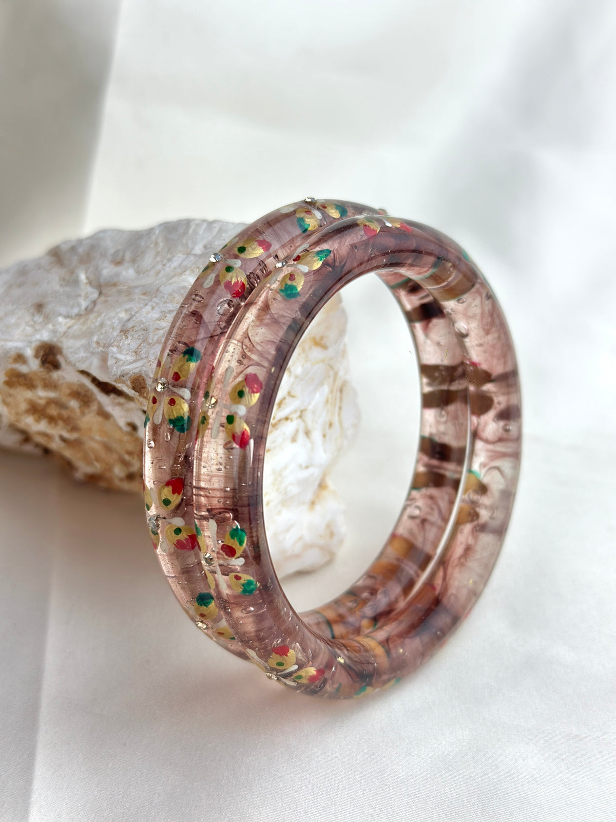 Handcrafted Floral Glass Bangle with Gold Foil & Crystal Accents