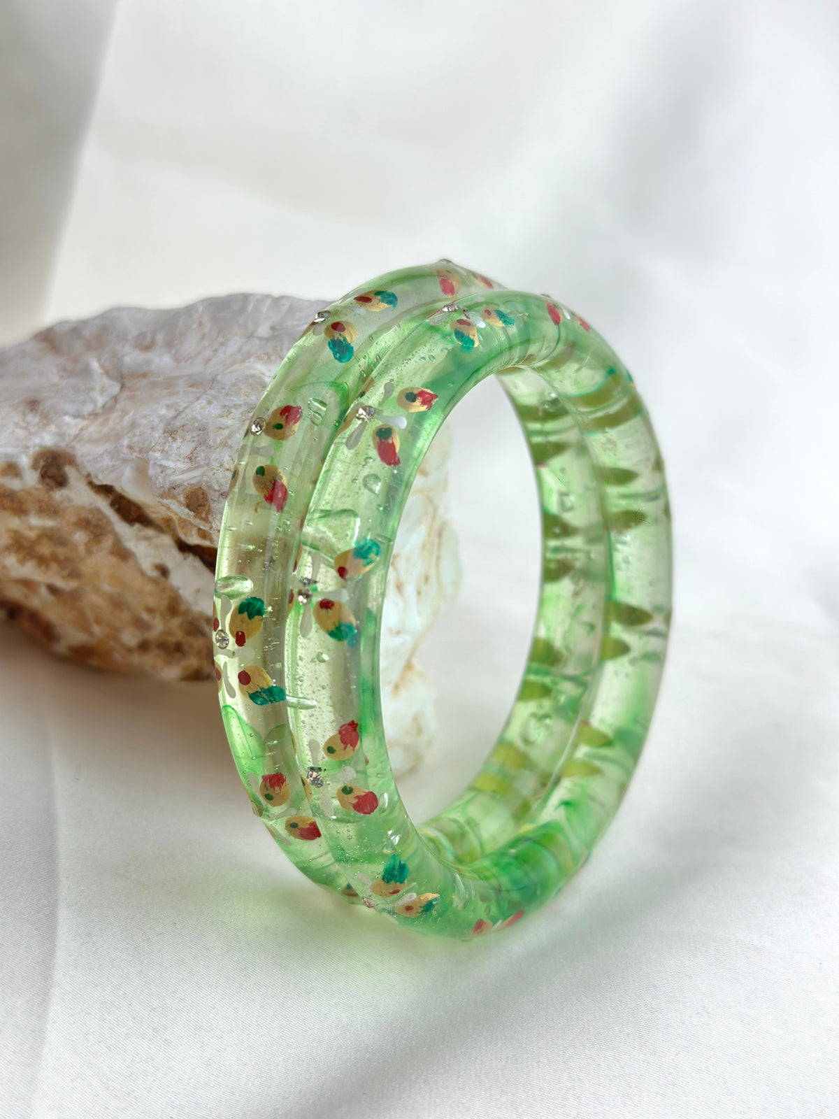 Handcrafted Floral Glass Bangle with Gold Foil & Crystal Accents