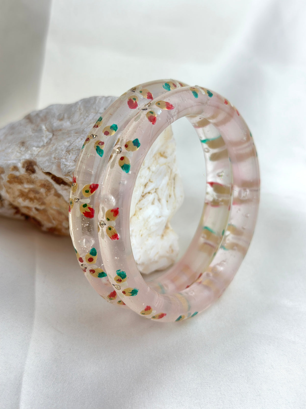 Handcrafted Floral Glass Bangle with Gold Foil & Crystal Accents
