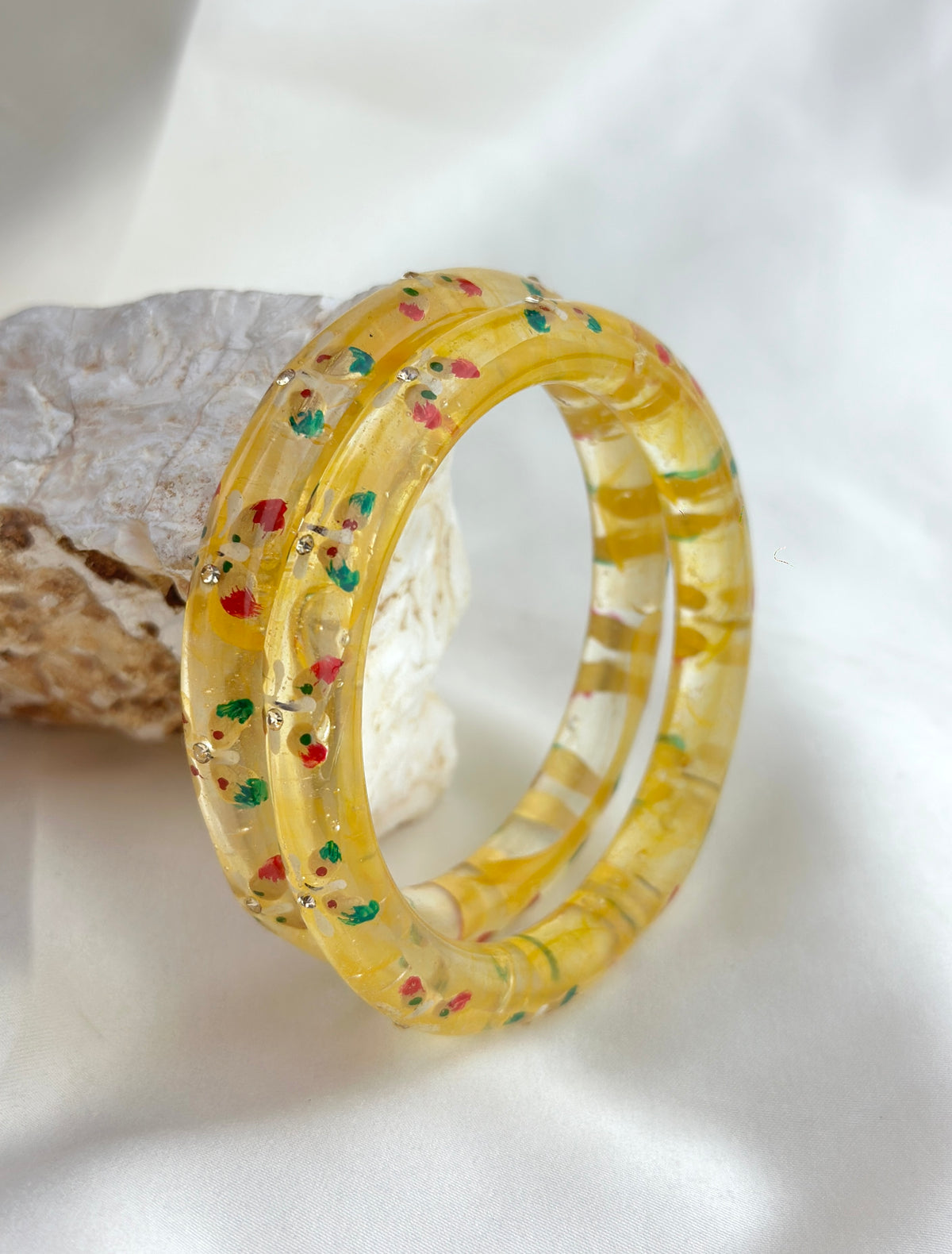 Handcrafted Floral Glass Bangle with Gold Foil & Crystal Accents