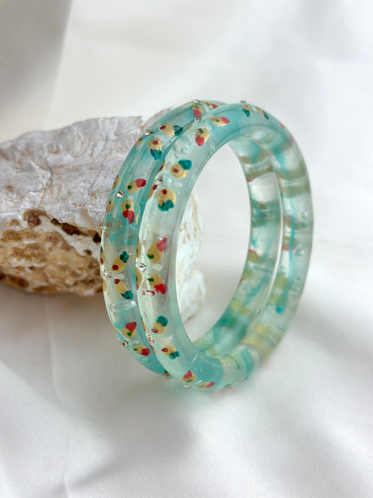 Handcrafted Floral Glass Bangle with Gold Foil & Crystal Accents