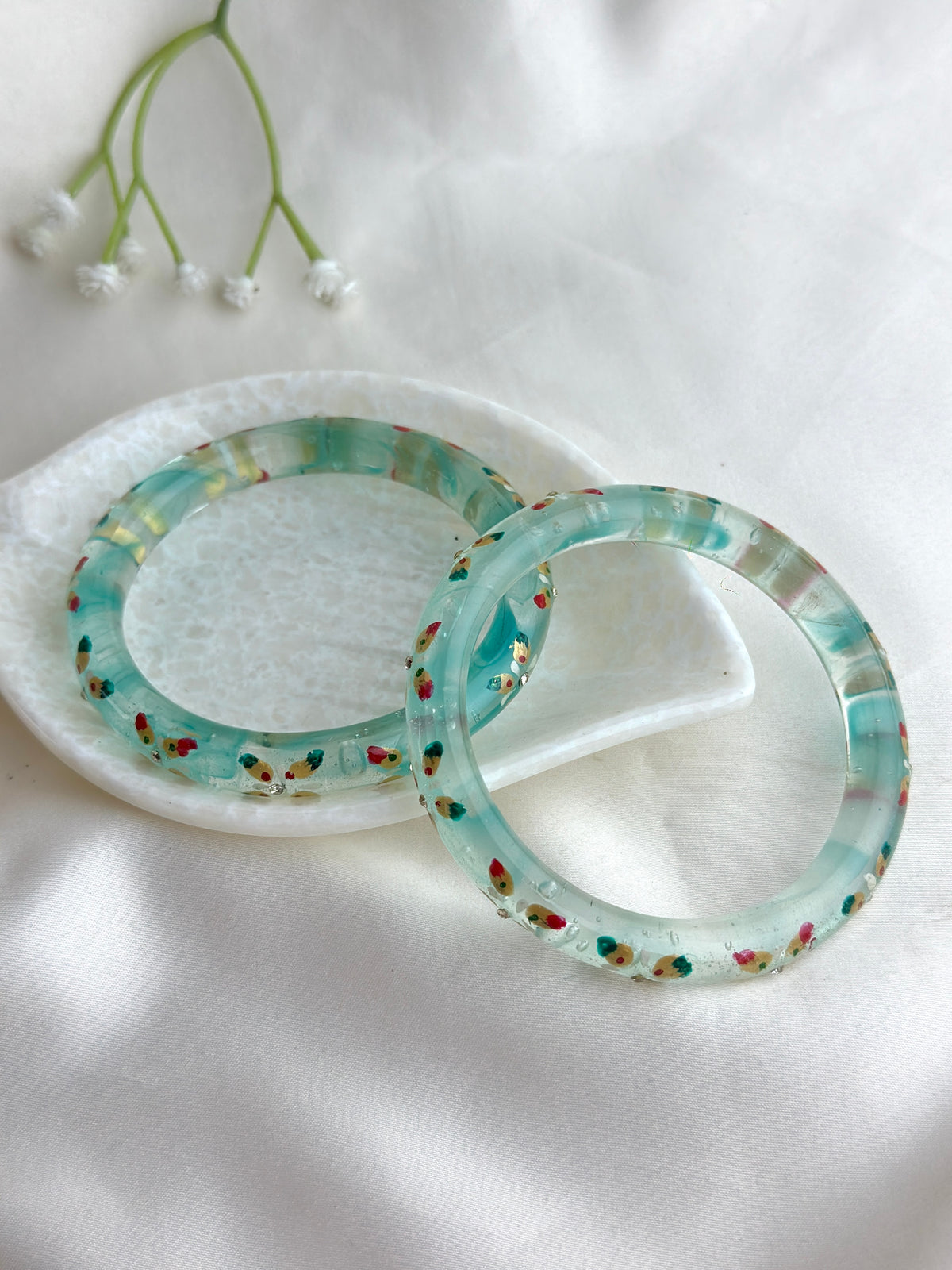 Handcrafted Floral Glass Bangle with Gold Foil & Crystal Accents