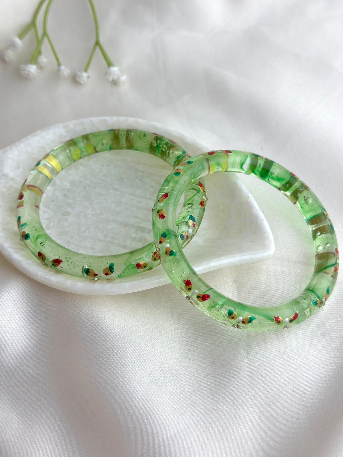 Handcrafted Floral Glass Bangle with Gold Foil & Crystal Accents