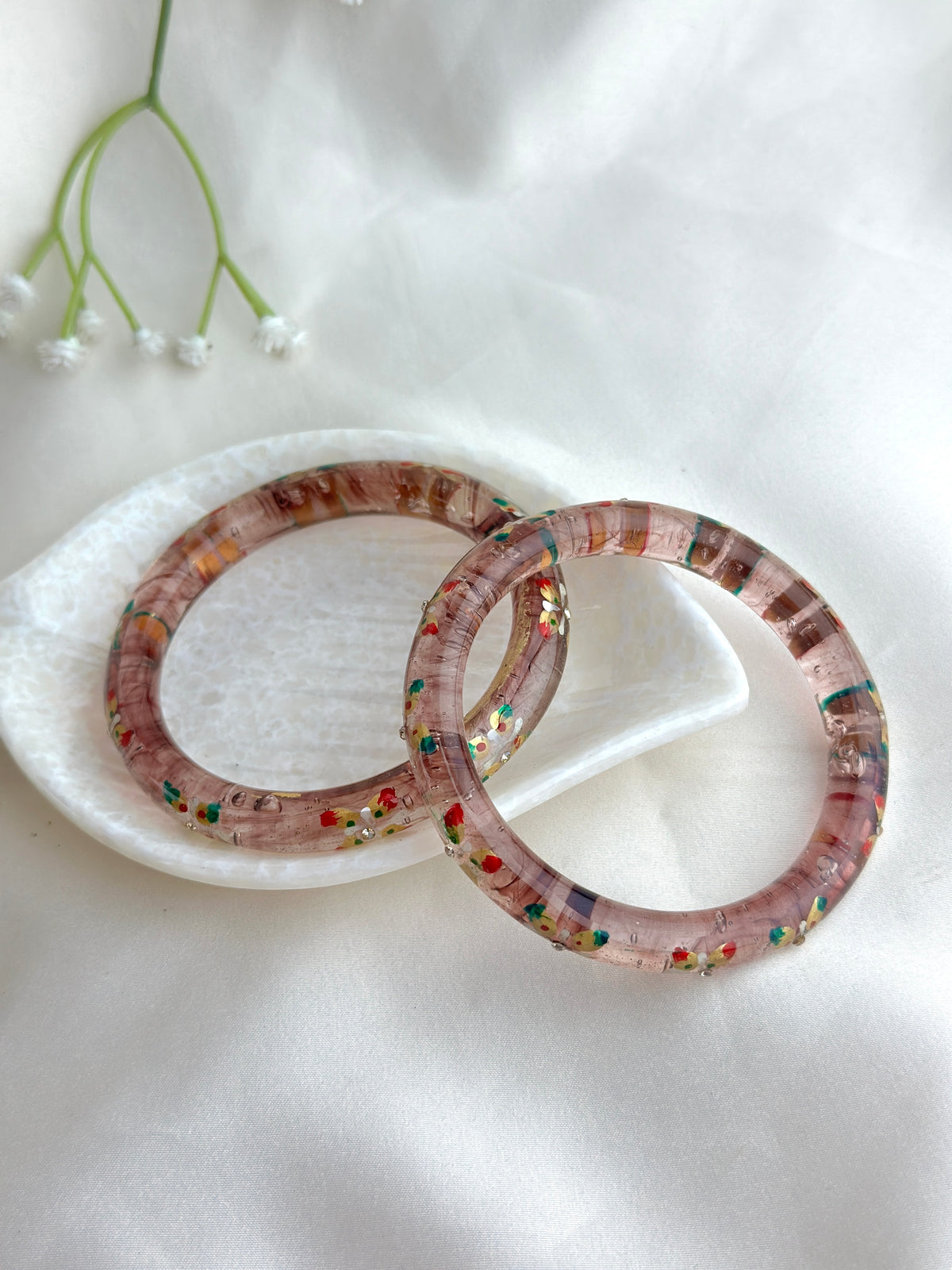 Handcrafted Floral Glass Bangle with Gold Foil & Crystal Accents