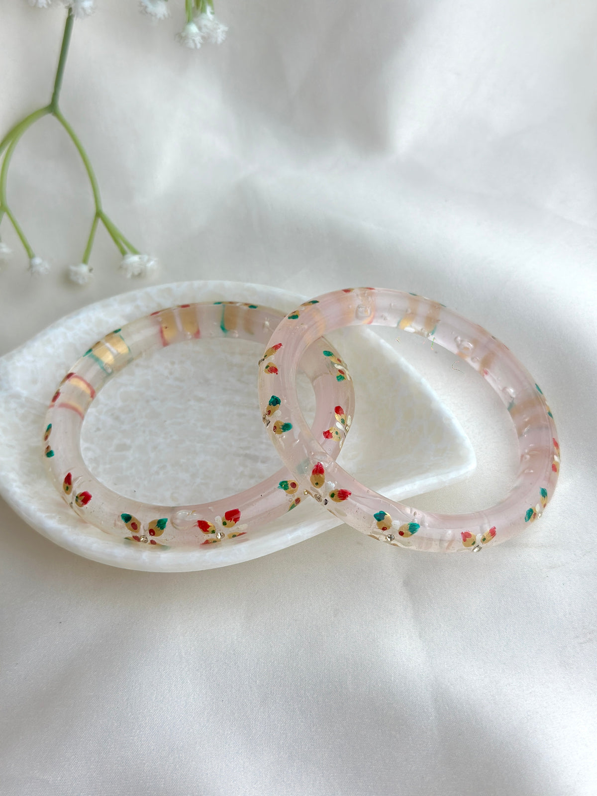 Handcrafted Floral Glass Bangle with Gold Foil & Crystal Accents