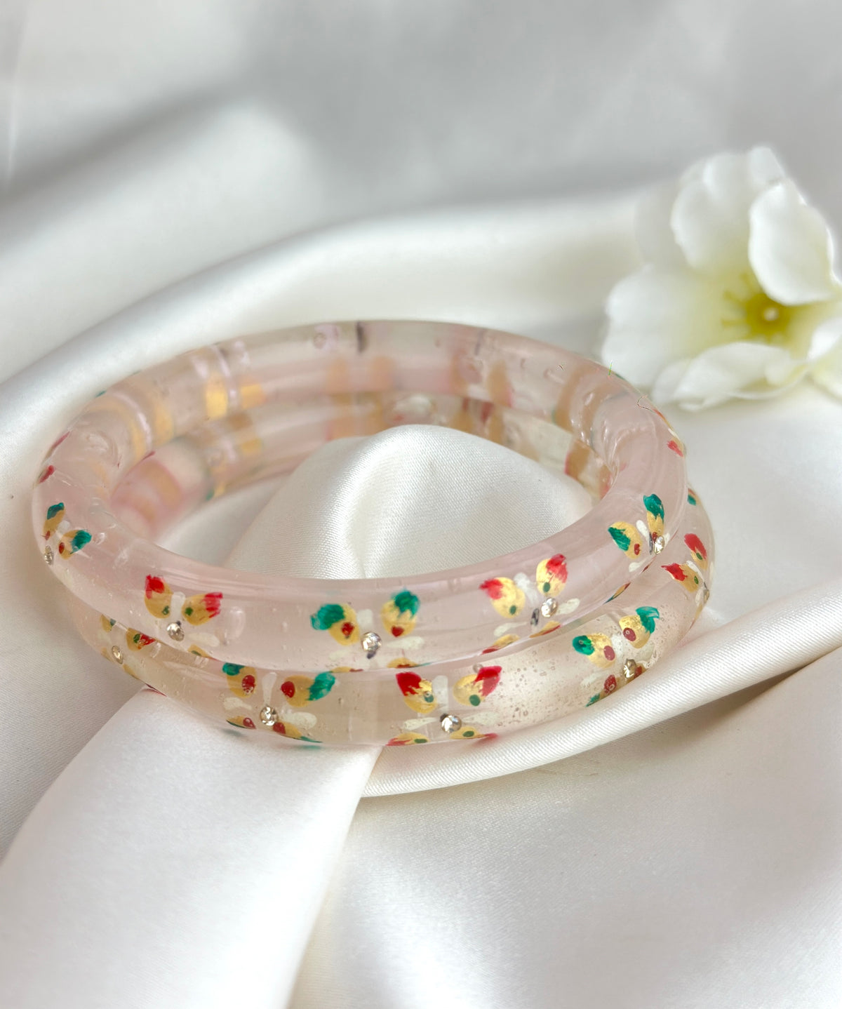 Handcrafted Floral Glass Bangle with Gold Foil & Crystal Accents