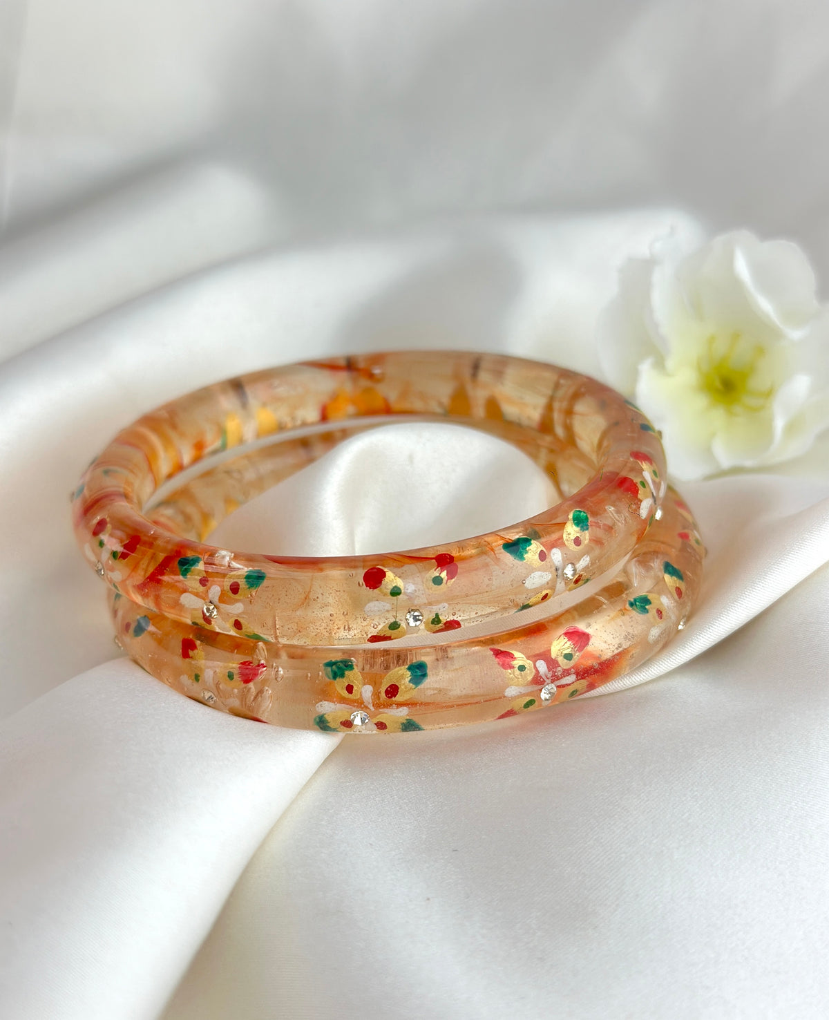 Handcrafted Floral Glass Bangle with Gold Foil & Crystal Accents