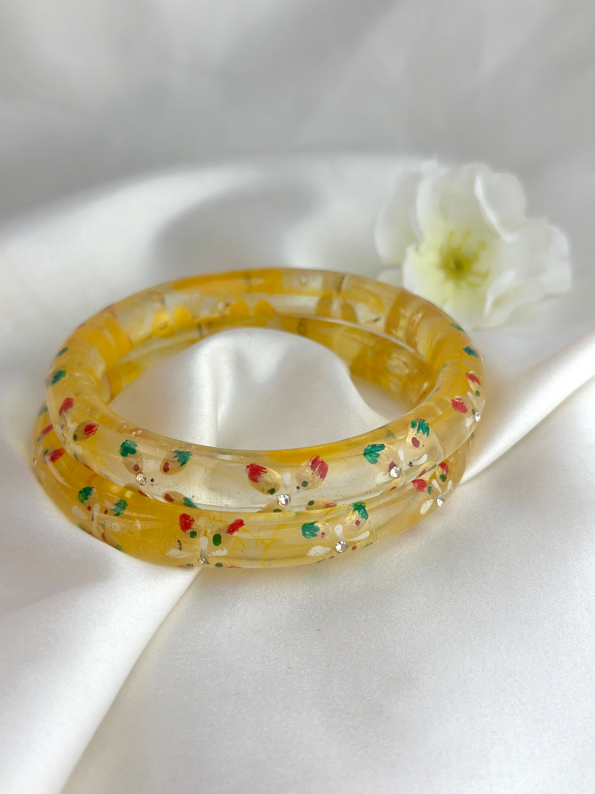 Handcrafted Floral Glass Bangle with Gold Foil & Crystal Accents