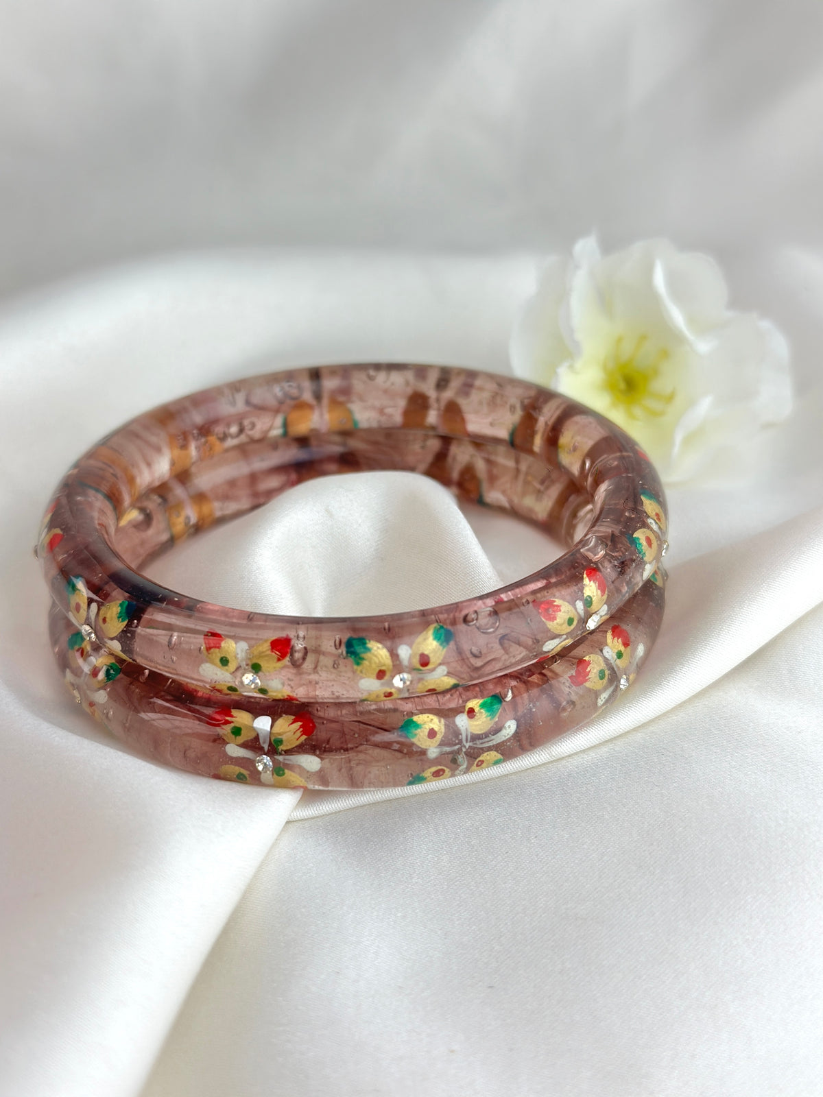 Handcrafted Floral Glass Bangle with Gold Foil & Crystal Accents
