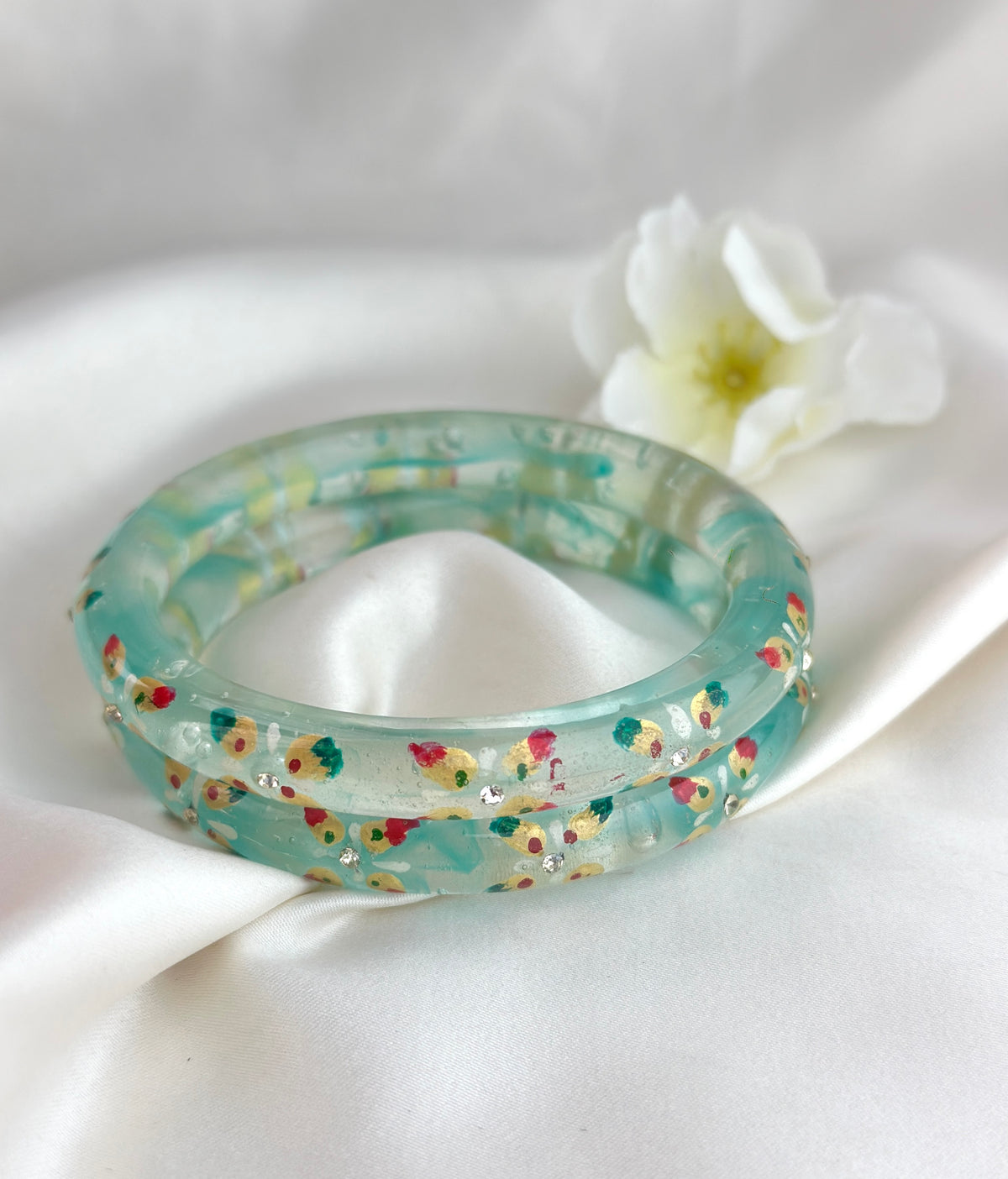 Handcrafted Floral Glass Bangle with Gold Foil & Crystal Accents