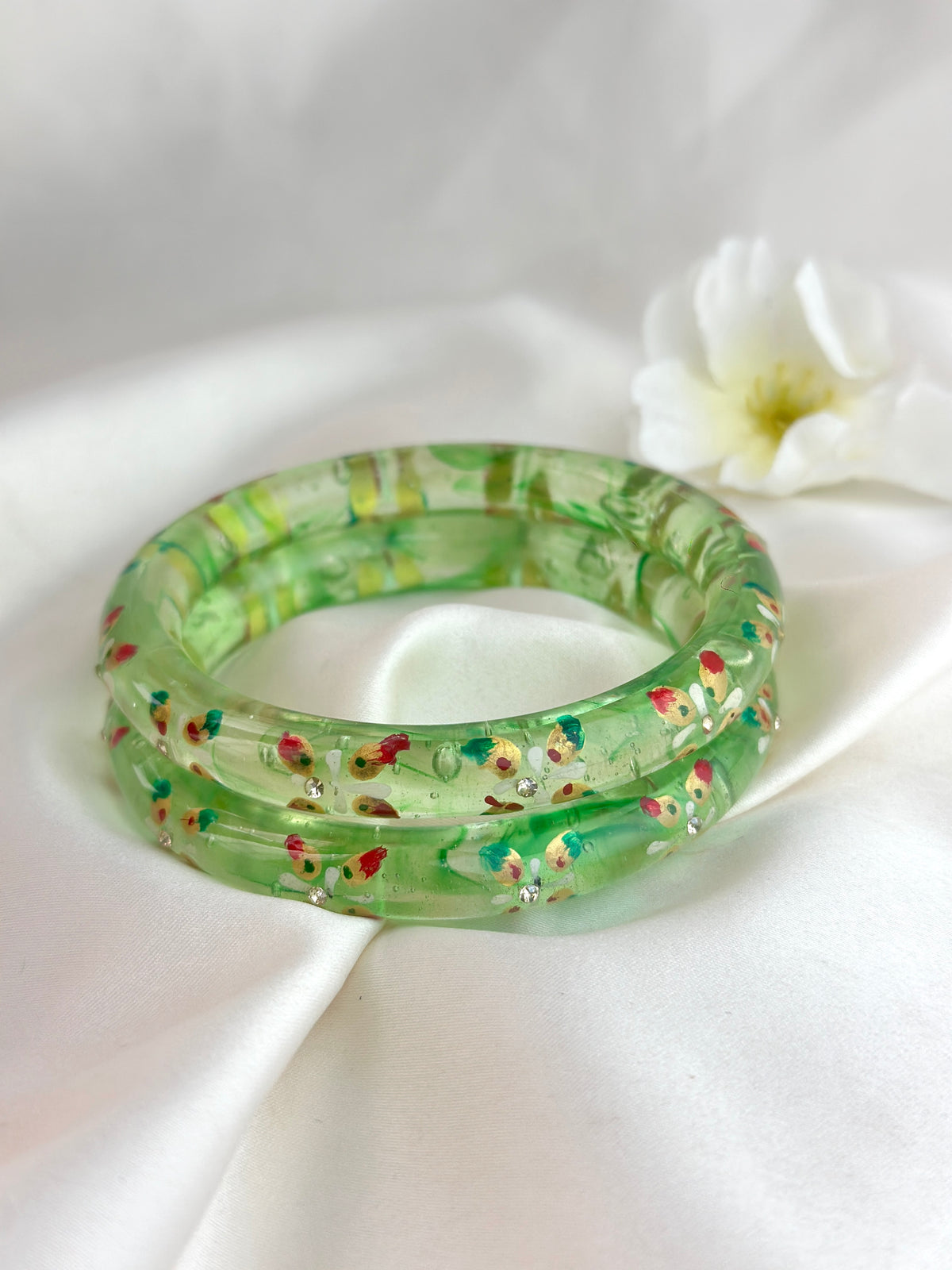 Handcrafted Floral Glass Bangle with Gold Foil & Crystal Accents