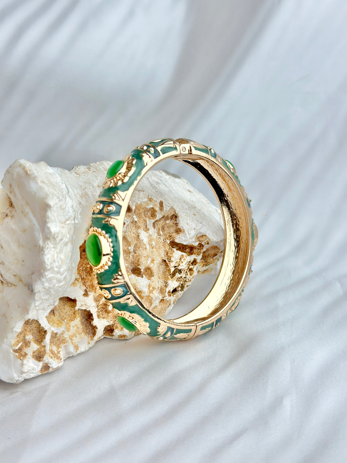 Style Enamel Hinged Bangle Bracelet with Cabochon Accents