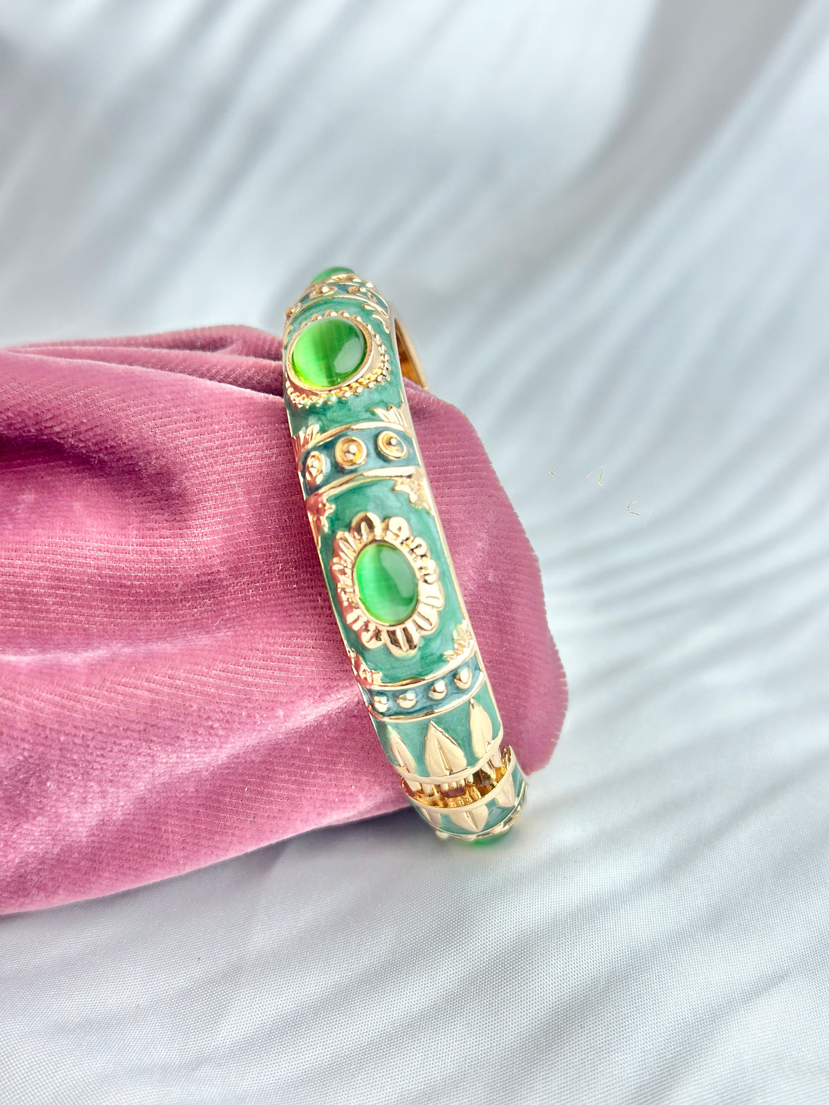 Style Enamel Hinged Bangle Bracelet with Cabochon Accents