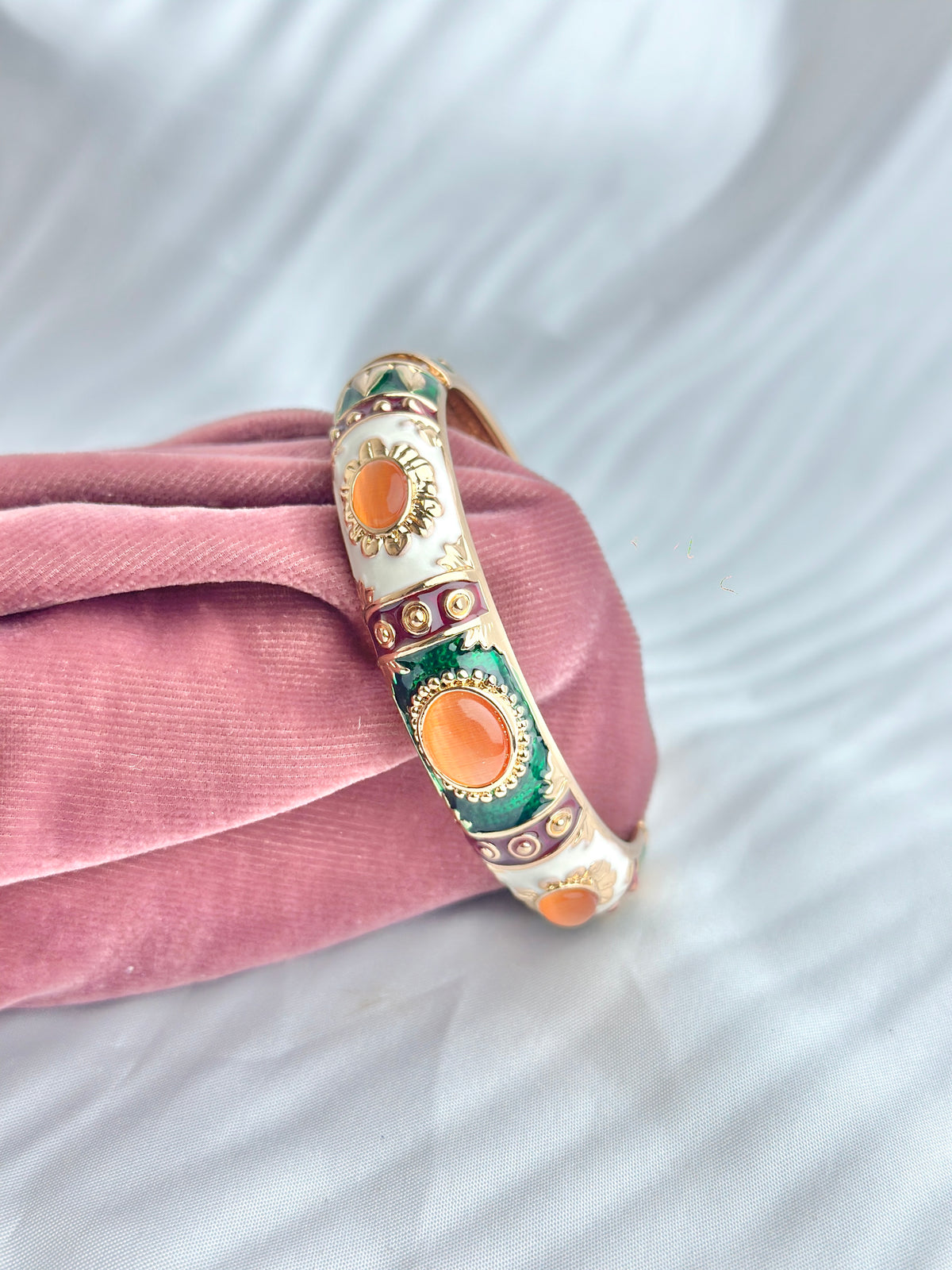 Style Enamel Hinged Bangle Bracelet with Cabochon Accents