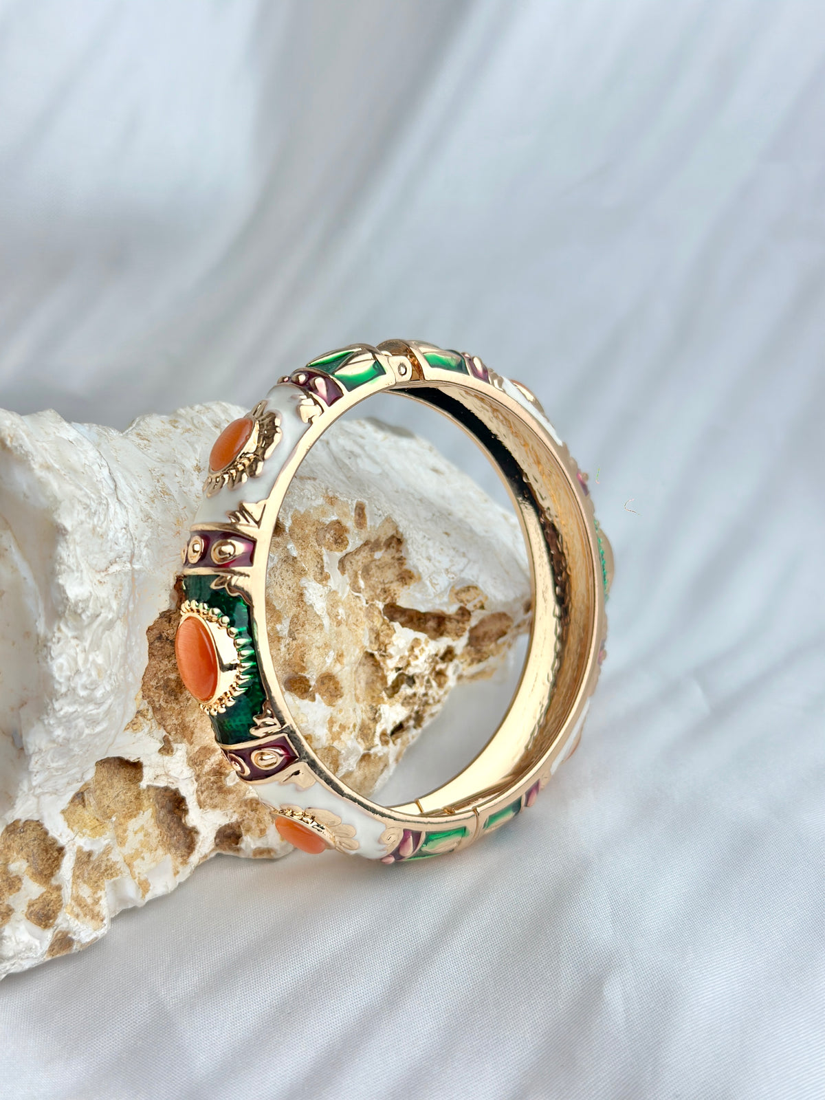 Style Enamel Hinged Bangle Bracelet with Cabochon Accents