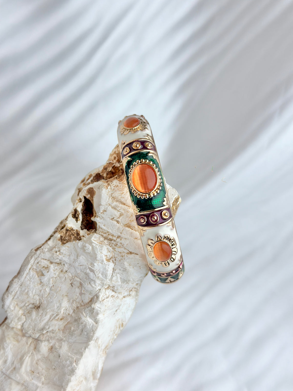 Style Enamel Hinged Bangle Bracelet with Cabochon Accents