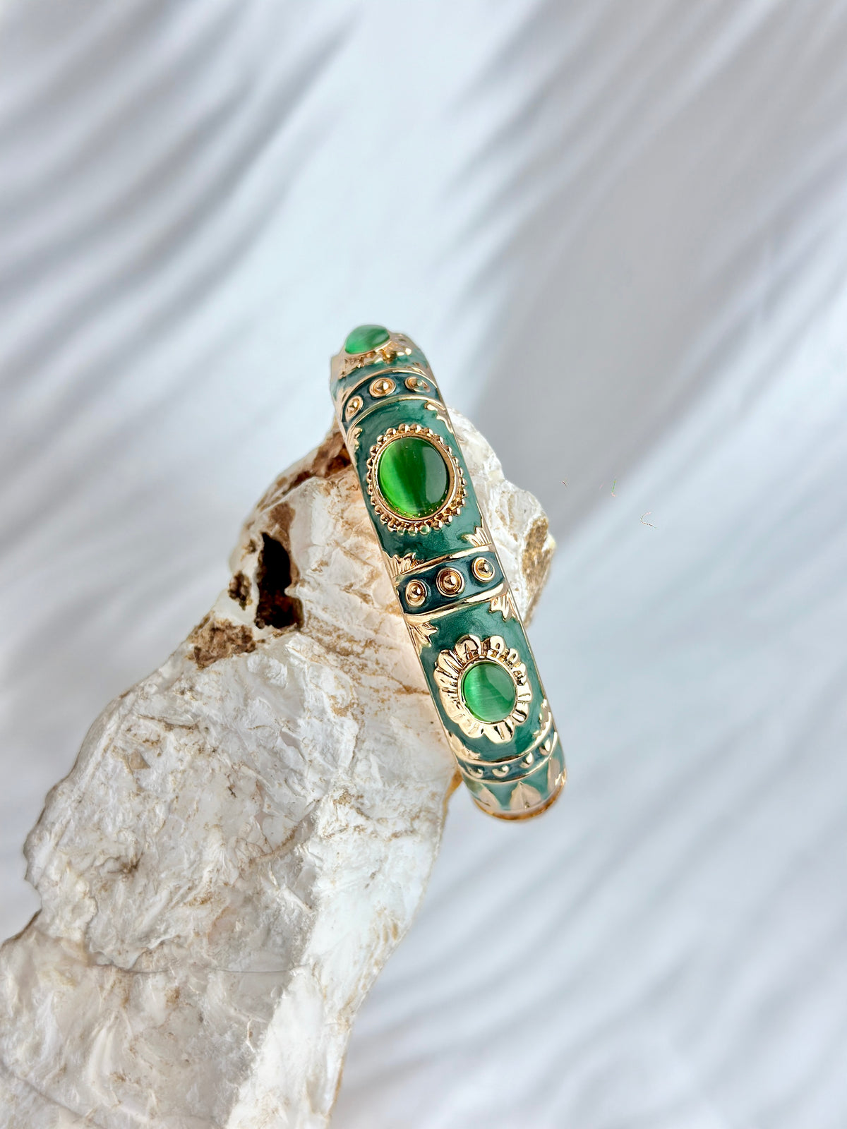 Style Enamel Hinged Bangle Bracelet with Cabochon Accents