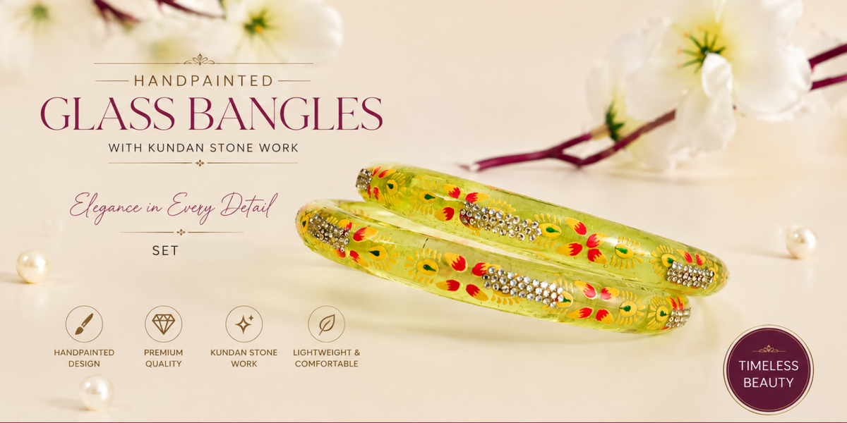 Hand-Painted Floral Glass Bangle with Crystal Stonework | Traditional Rajasthani Bangle