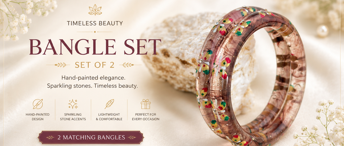Handcrafted Floral Glass Bangle with Gold Foil & Crystal Accents